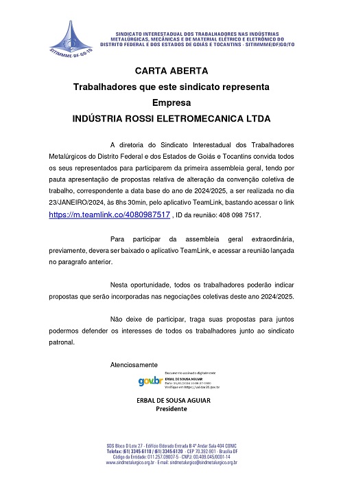 Carta aberta ao metalurgicos reunião preliminar Industria Rossi